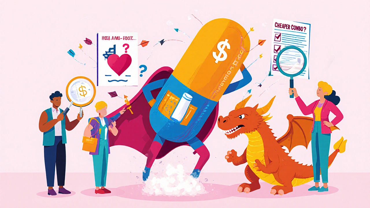 A superhero combination pill defeating a &#039;High Prices&#039; dragon, with patients and a pharmacist consulting the FDA Orange Book.