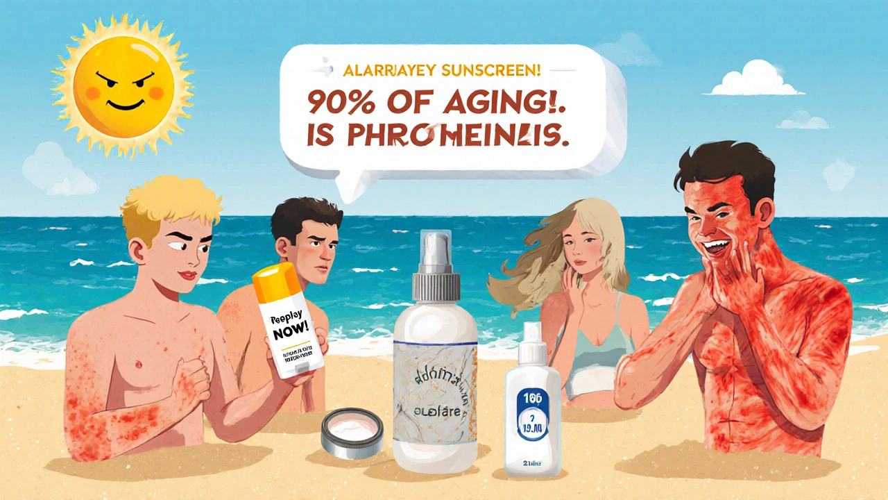 Beach scene with mostly sunburned people ignoring reapplication, one person using sunscreen stick and phone reminder.