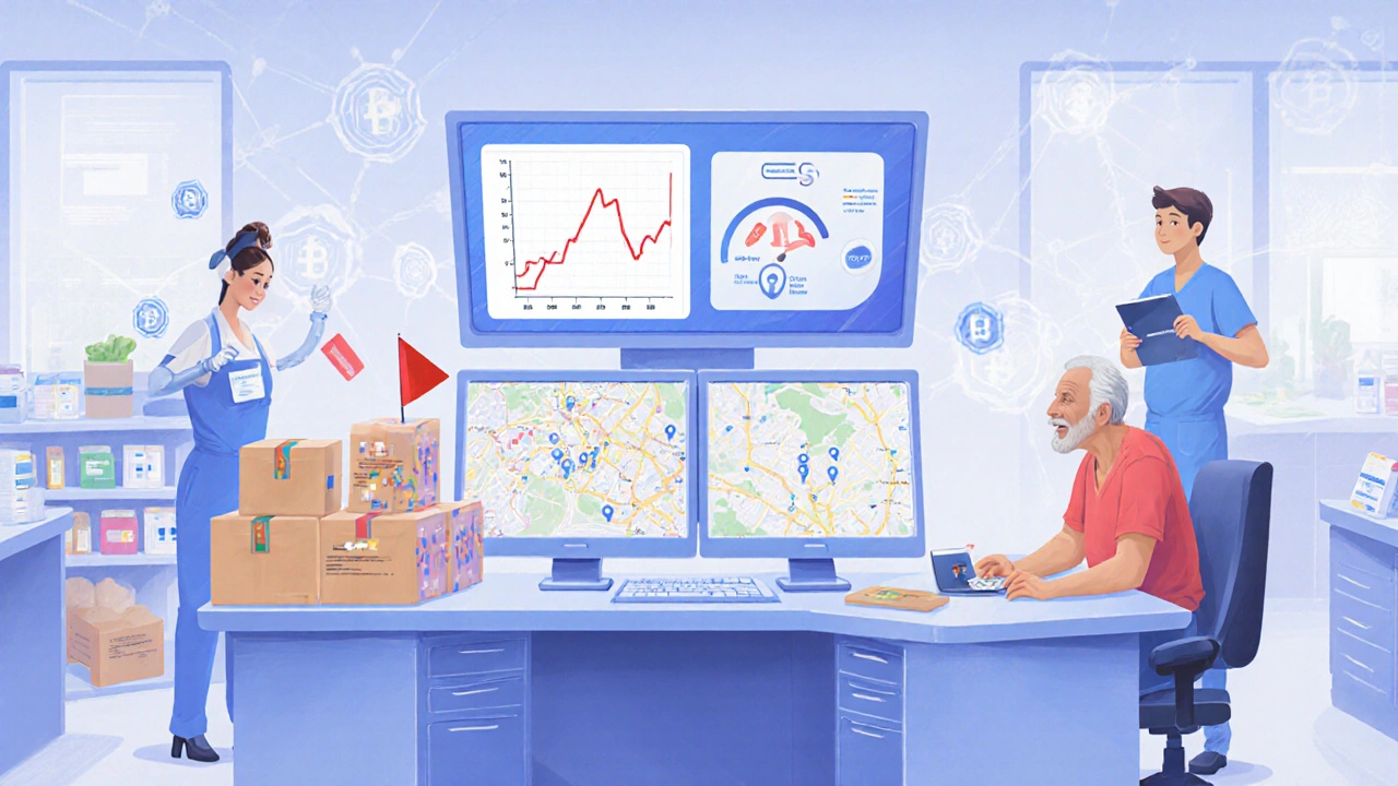 Central pharmacy control room with AI monitoring drug spikes, automated inventory transfers, and a senior picking up meds at any location with a digital card.