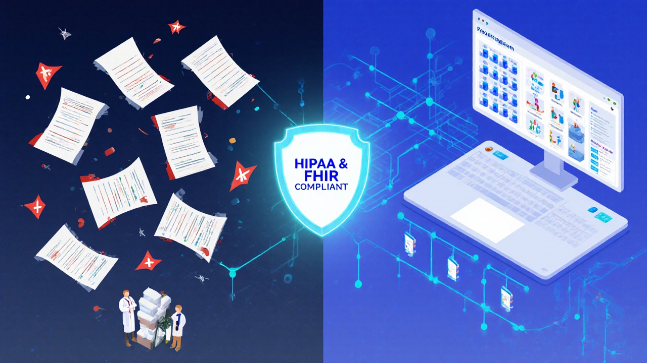Chaotic paper prescriptions vs. a unified digital system syncing EHRs and pharmacies with real-time data streams and compliance shields.