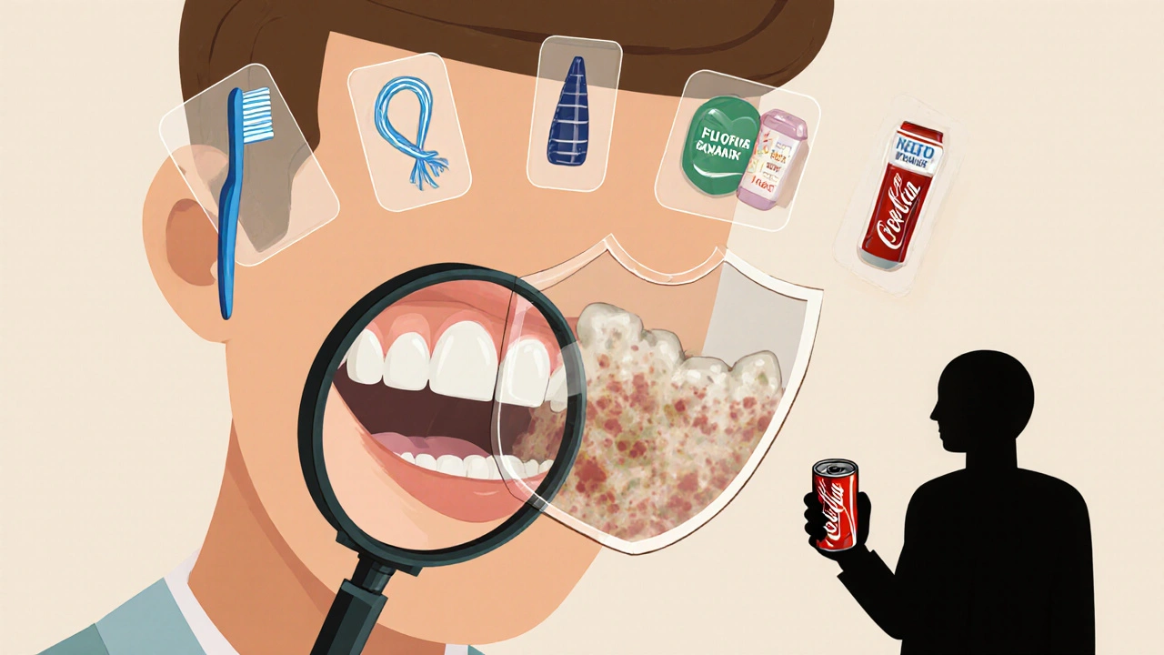 Dentist examining mouth with protective oral care items forming a shield against decay.