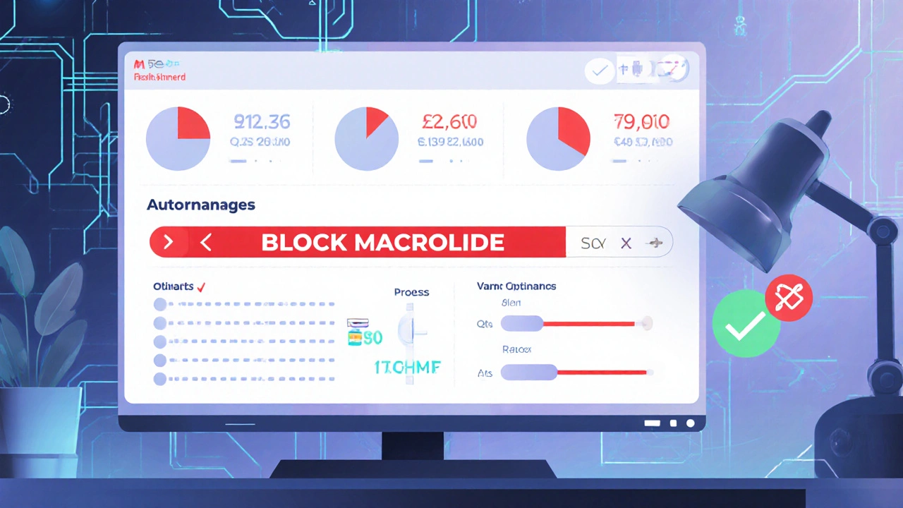 Digital dashboard showing personalized risk score algorithm with QTc warning and alternative antibiotic suggestion.
