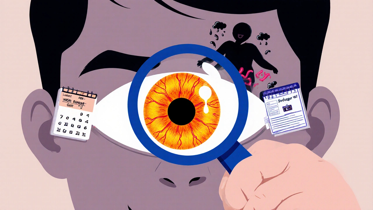 Eye under magnifying glass showing healthy vessels, blocked from damage by medication icons.