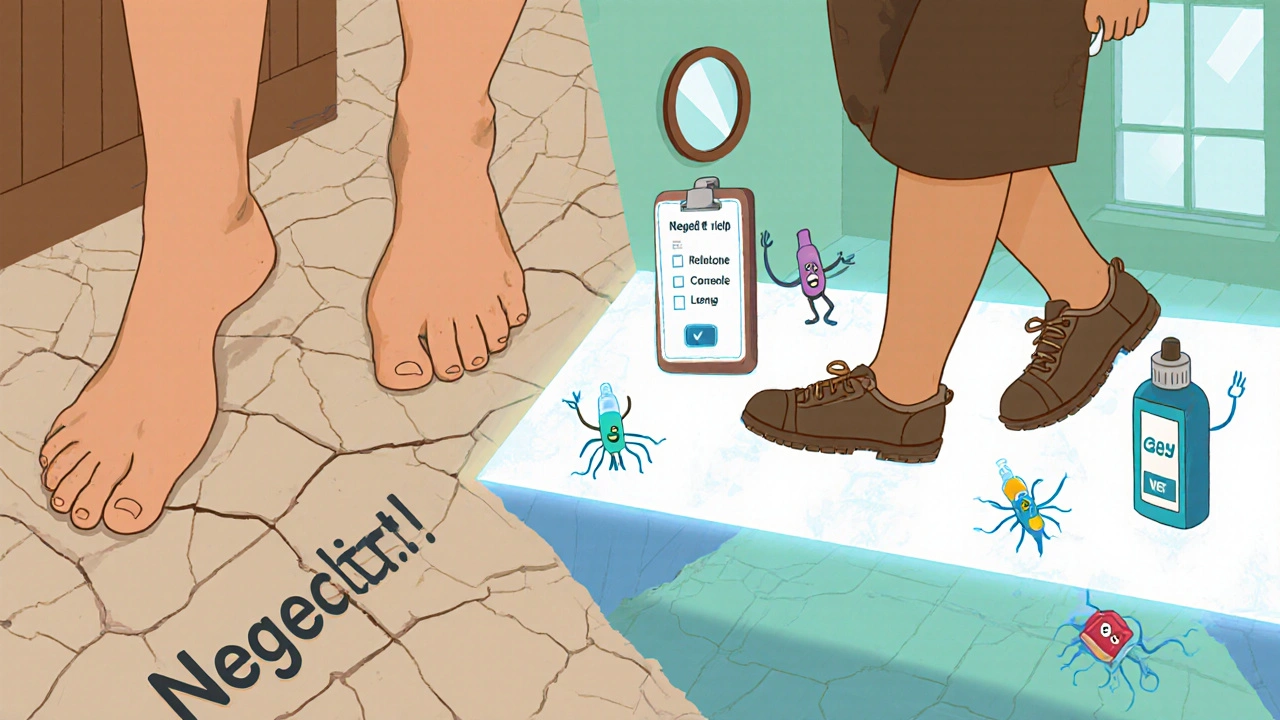 Feet walking safely on a healthy path with daily checks, avoiding cracks labeled &#039;Neglect&#039;.