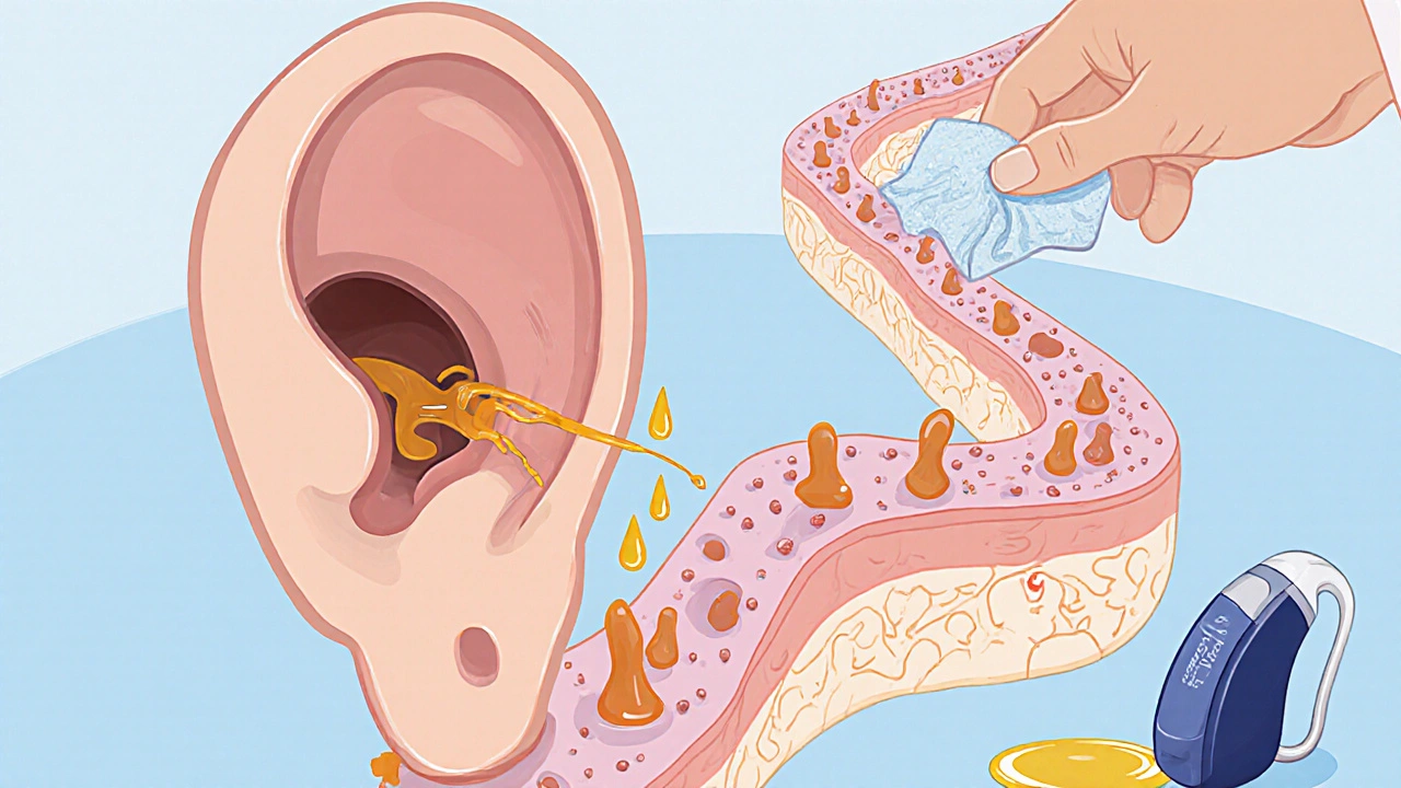 Healthy ear canal with skin cells moving wax outward, aided by chewing, and oil drops gently softening wax.