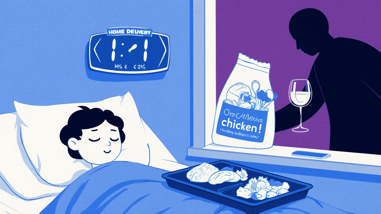 Hospital patient eating safe food while a hidden bag of risky foods looms outside the window with a 14-day countdown.