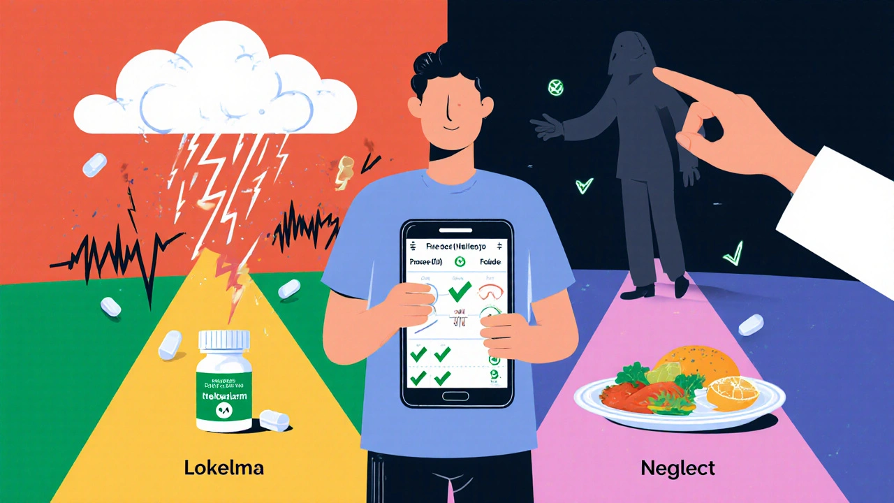 Patient between two paths: one dangerous with ECG spikes, the other safe with medication and low-potassium foods, guided by a doctor&#039;s hand.