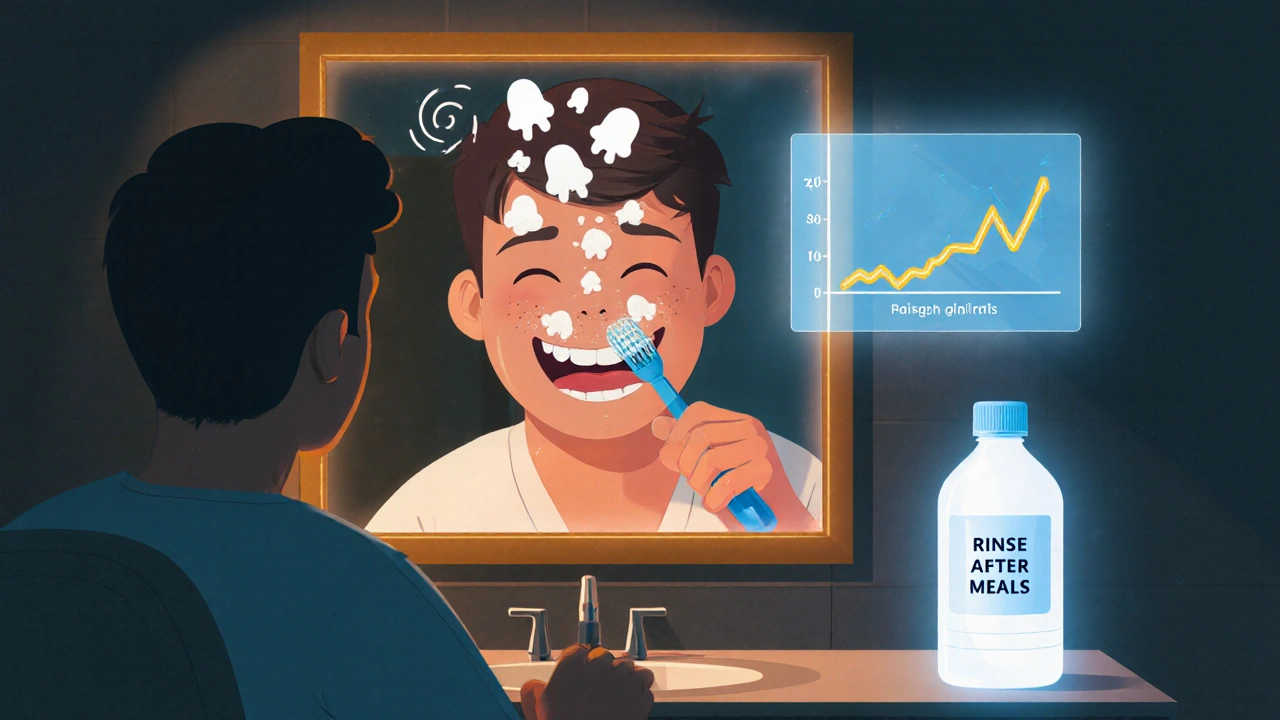 Patient brushing teeth with fungal patches rising from gums and a water bottle glowing nearby.