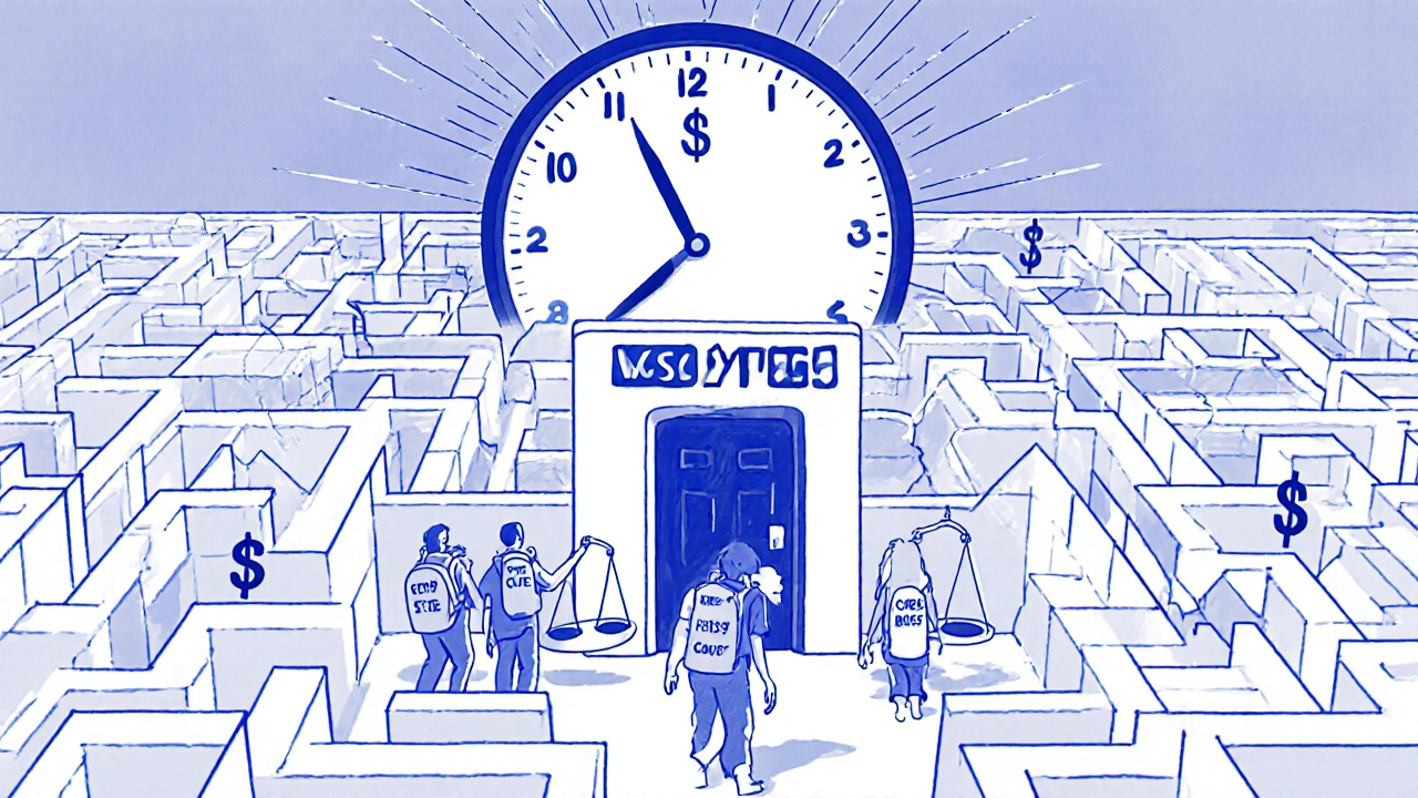 Patients struggle through a maze of healthcare bureaucracy, with a distant door labeled &#039;Cure&#039; guarded by dollar signs and a broken clock.