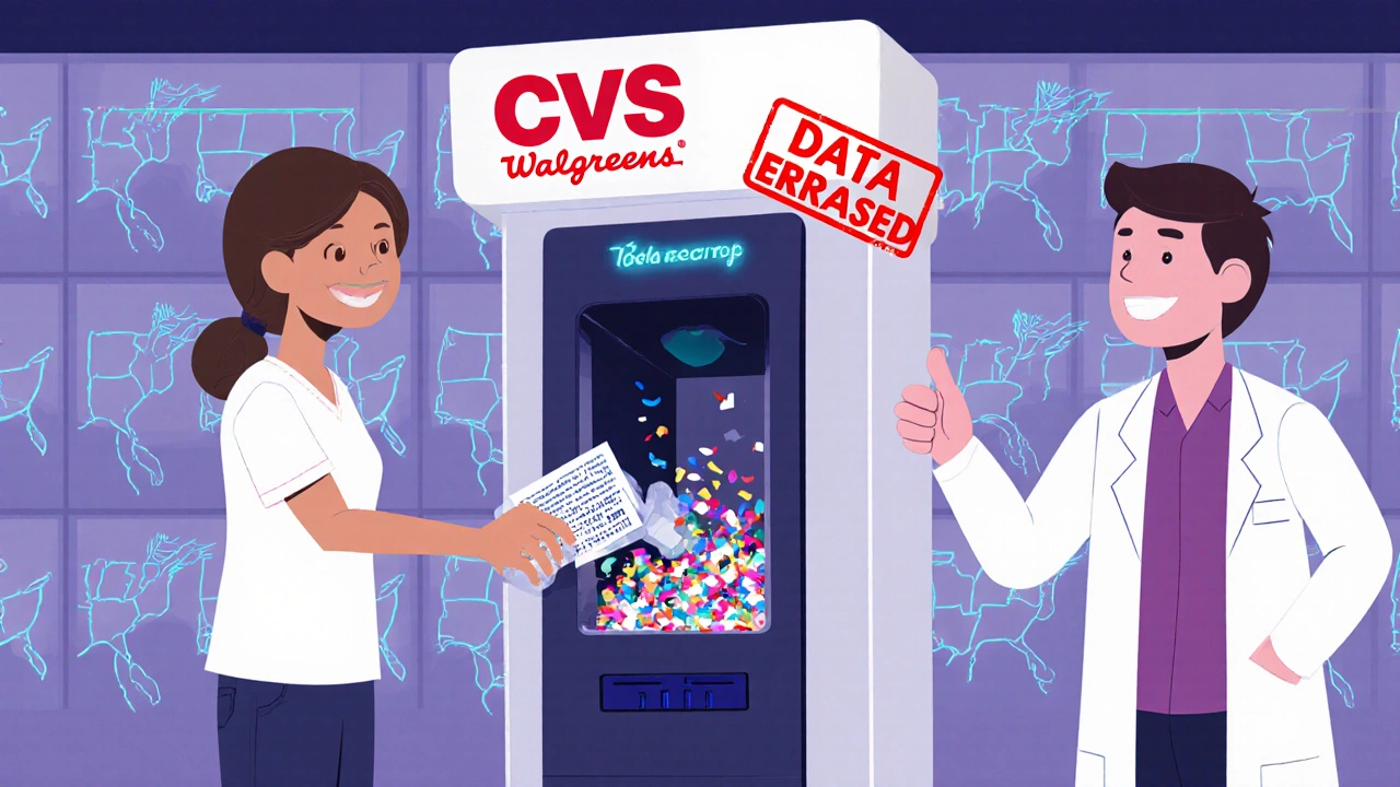 Pharmacy kiosk automatically shredding prescription label as patient watches.
