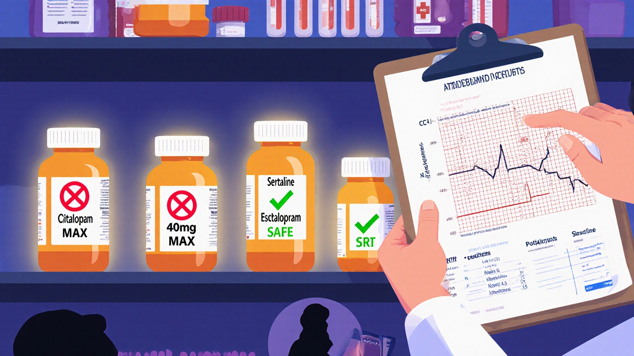 Pharmacy shelf organized by antidepressant safety, with citalopram restricted and escitalopram labeled safe, beside an ECG graph.