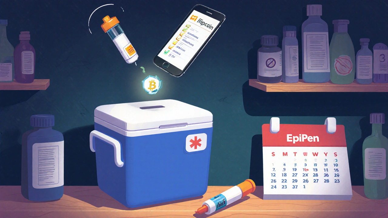 Smart insulin kit with blockchain sensor alerting user, beside a battery-powered cooler and labeled meds.