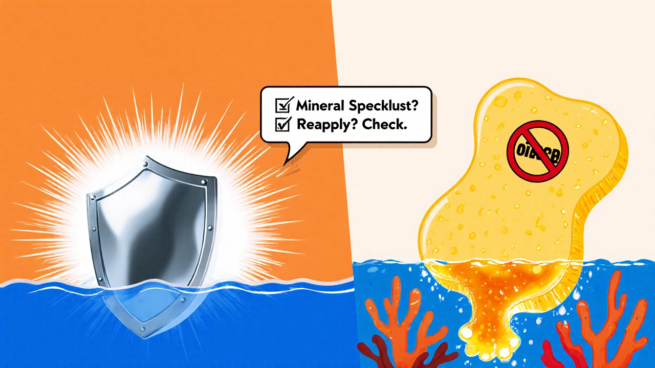 Split illustration: mineral sunscreen reflecting UV rays vs chemical absorbing them, with coral reef damage below.