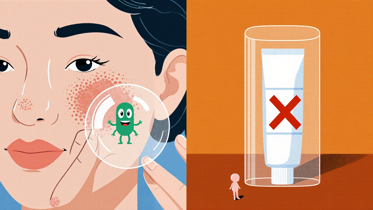 Split illustration: safe benzoyl peroxide treating acne vs. banned retinoid with warning symbol.