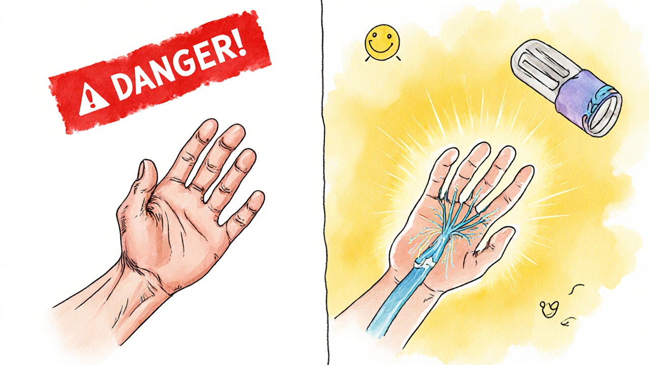 Split image: damaged hand with muscle waste vs. recovered hand after treatment with splint and exercises