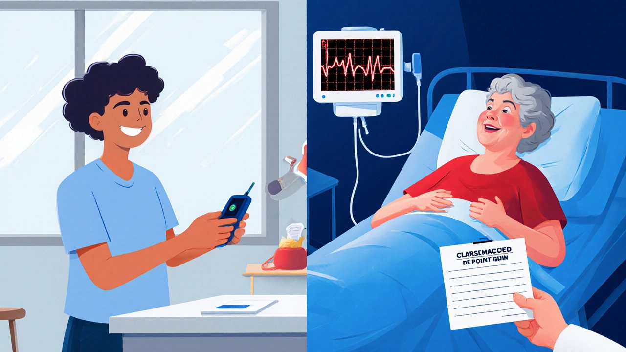 Split scene: healthy patient getting quick ECG vs. elderly patient in crisis with Torsades rhythm.
