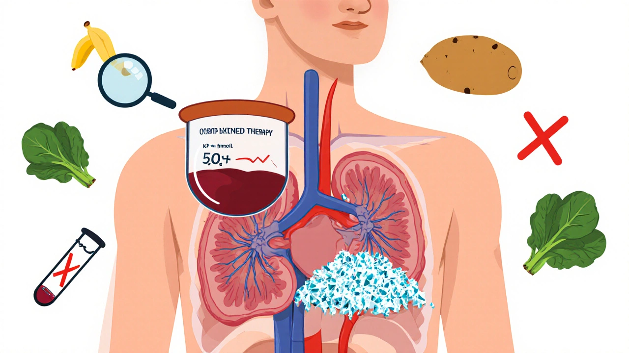 Transparent torso showing a clogged kidney overflowing with potassium crystals and a blood test spiking to dangerous levels.