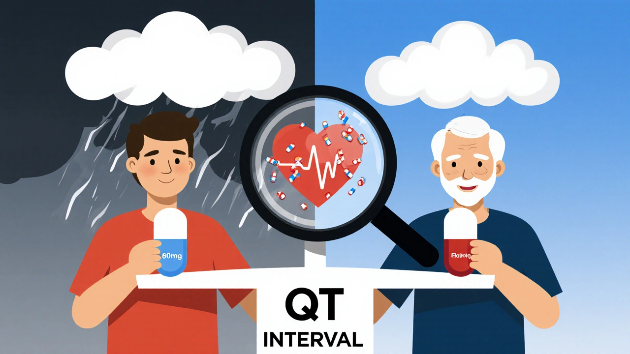 Two versions of a patient—one young with high-dose citalopram, one elderly with safe escitalopram—showing contrasting heart risks.