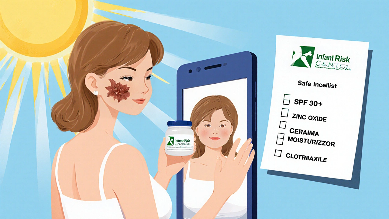 Woman using azelaic acid for melasma, sunlight with SPF protection, InfantRisk Center visible on phone.