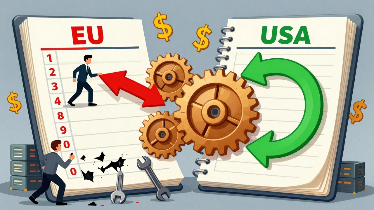 A bank ledger with conflicting EU and U.S. risk rules shown as clashing mechanical systems.