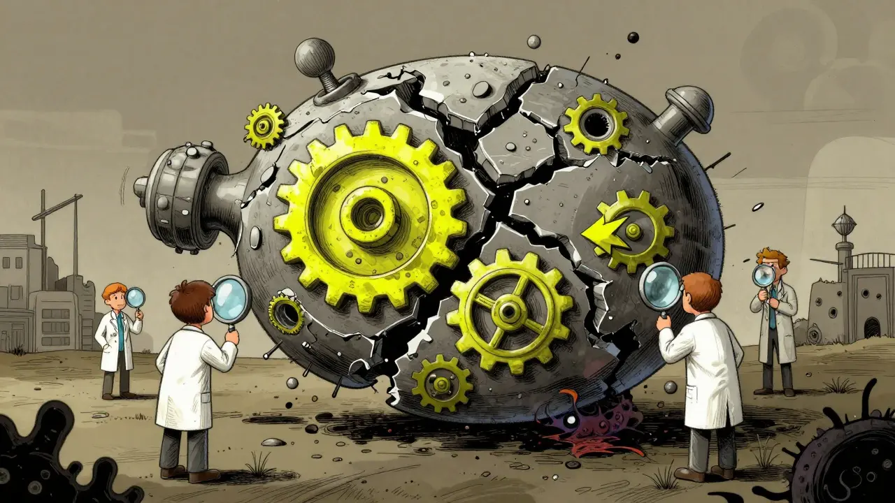 A broken H1 receptor with spinning gears shows safe and hypersensitive reactions side by side.