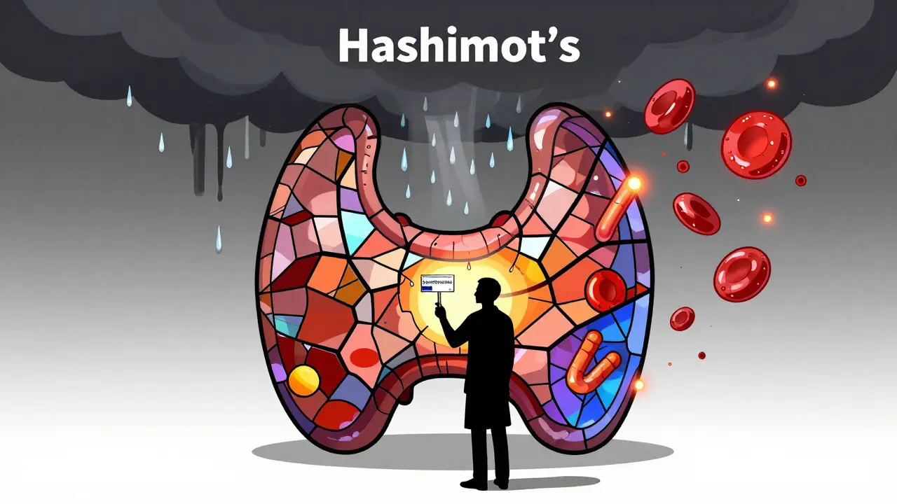 A cracked thyroid made of stained glass with a patient holding a levothyroxine key, as shadowy Hashimoto’s clouds turn into healthy cells.