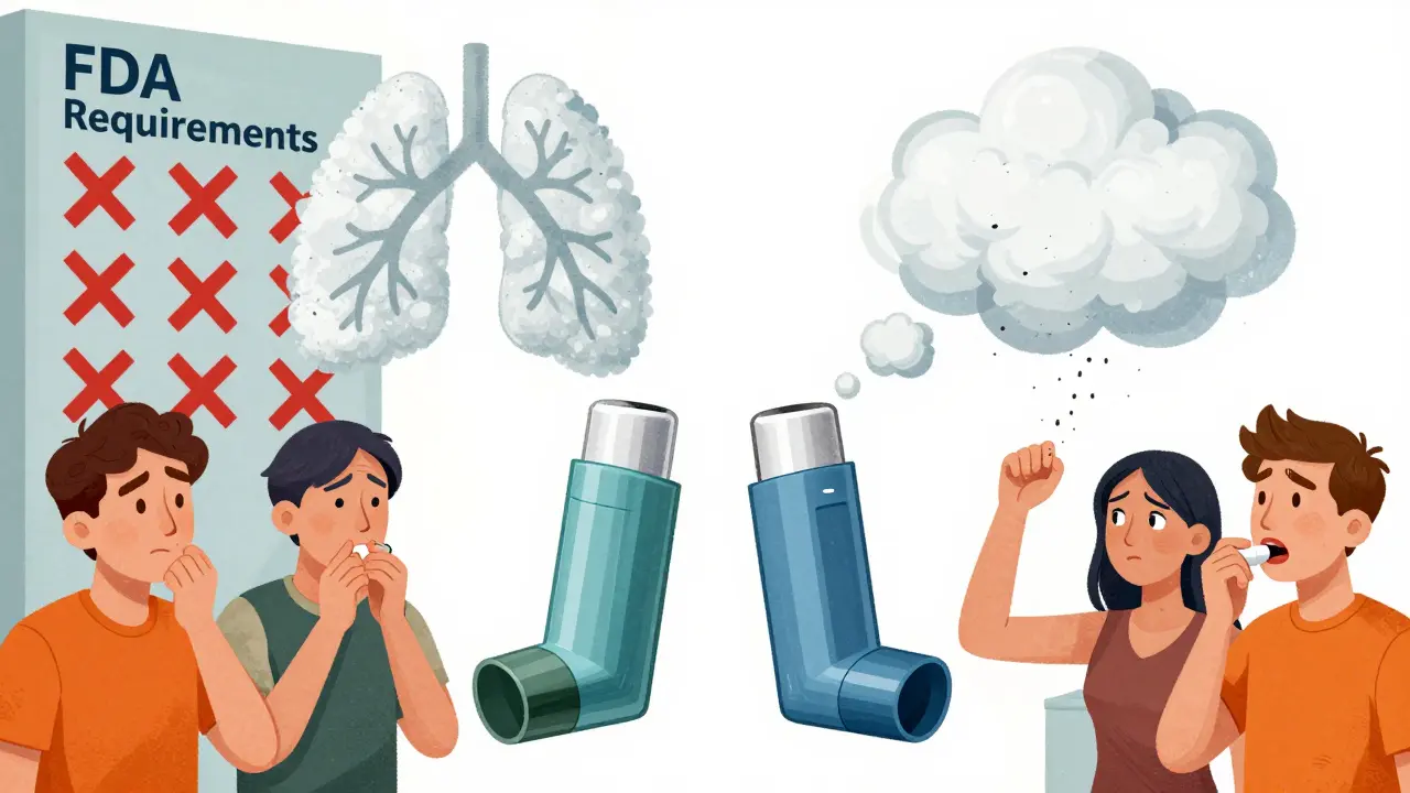 A generic inhaler releasing uneven aerosol compared to the brand version, with patients struggling to use it correctly.