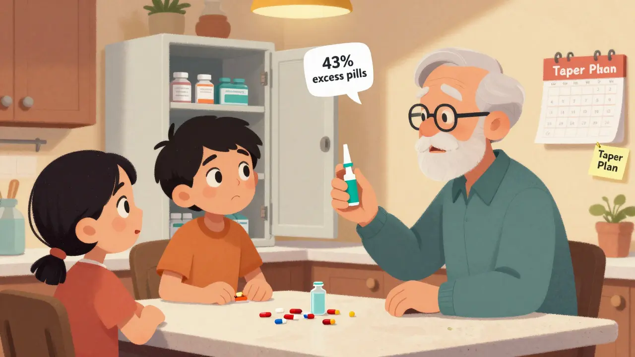 A grandfather holds naloxone while a teen peers into a medicine cabinet filled with leftover opioid pills.