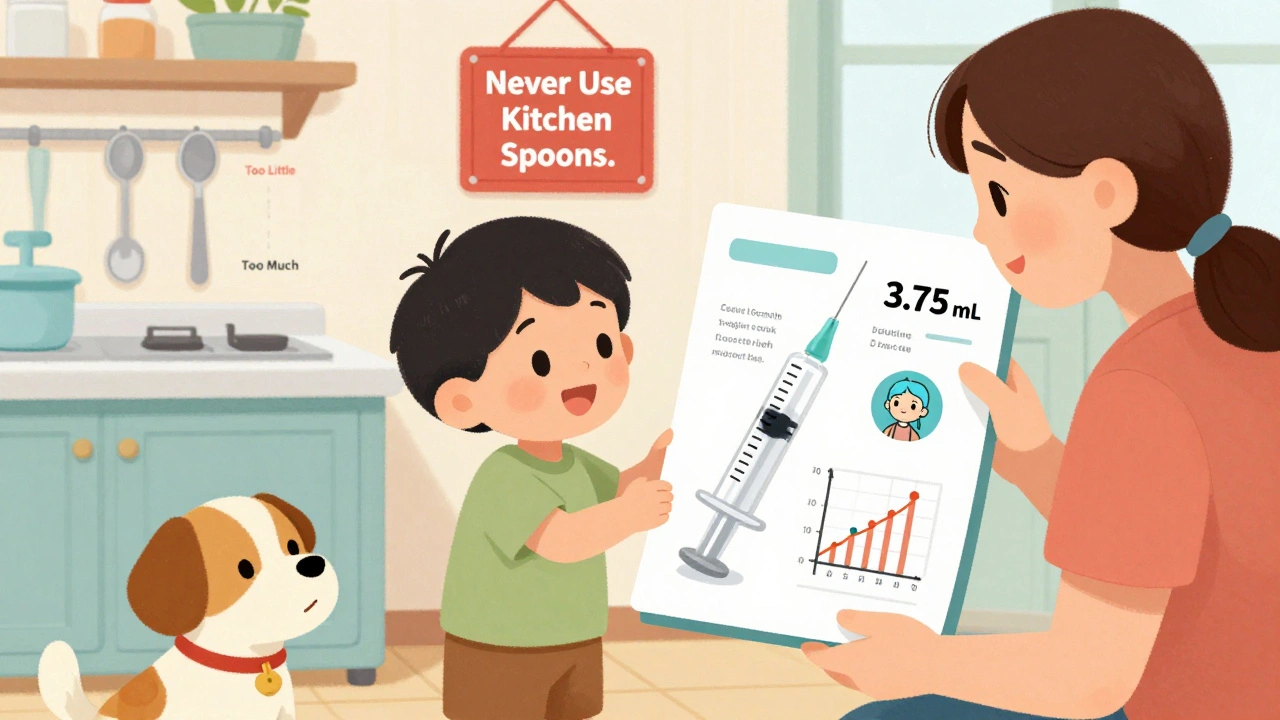 A parent accurately measuring liquid medicine for a child with a syringe, avoiding kitchen spoons.
