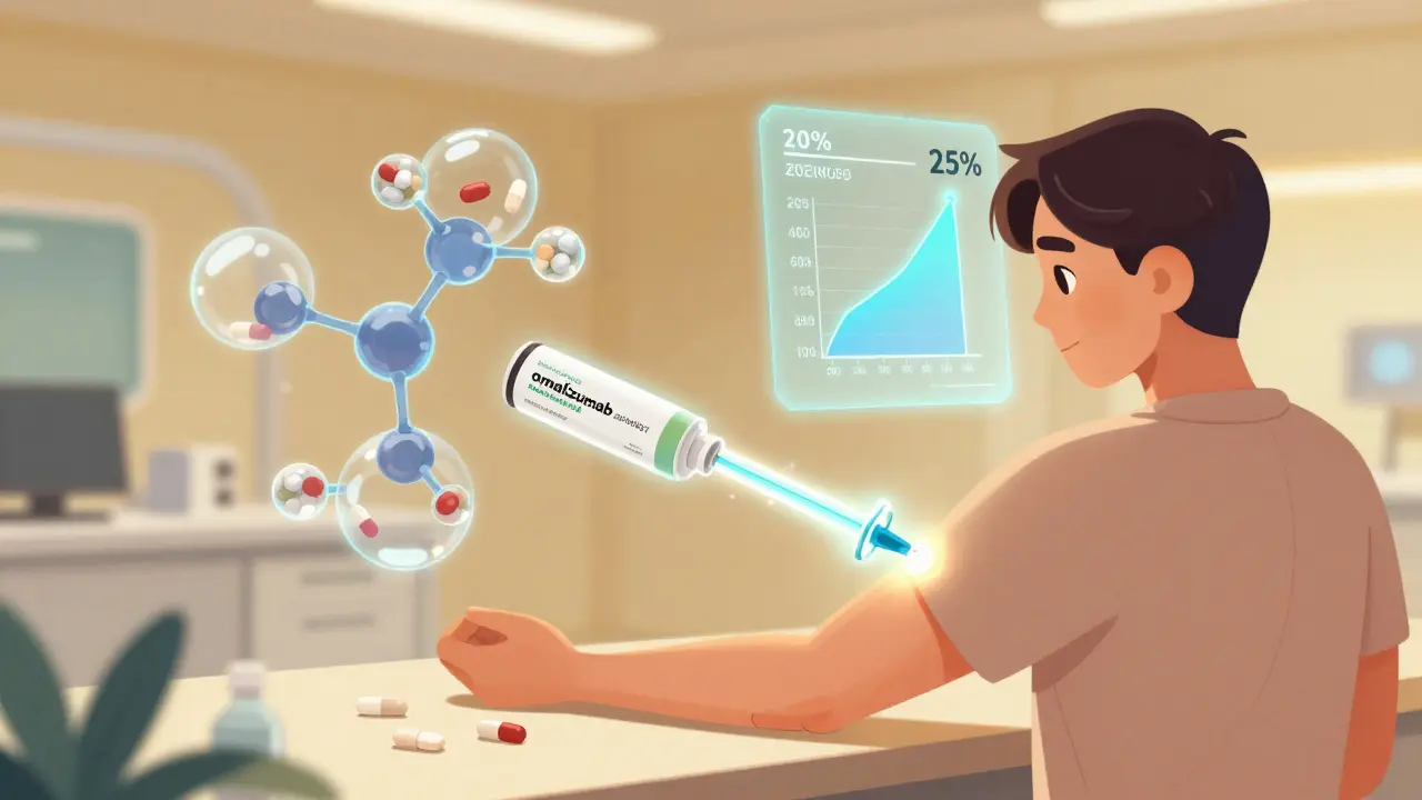 A patient receiving a biologic injection with molecular diagrams and a rising progress bar in a futuristic clinic.