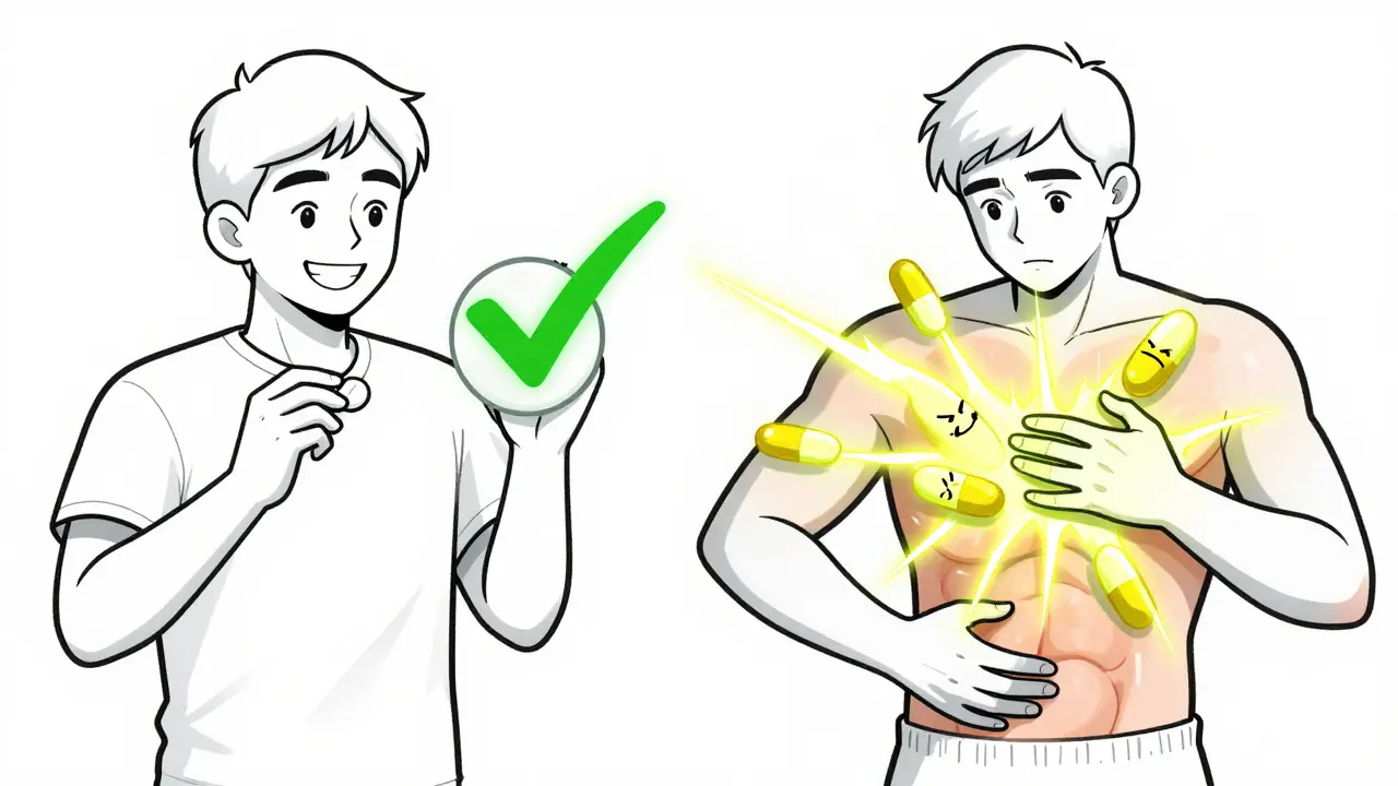 A person reacts badly to an antihistamine pill, with glowing distortions inside their body.