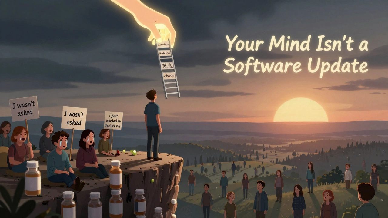 A person stands at a cliff of pill bottles, looking down at others struggling, as a glowing ladder labeled with safe switching steps reaches down.