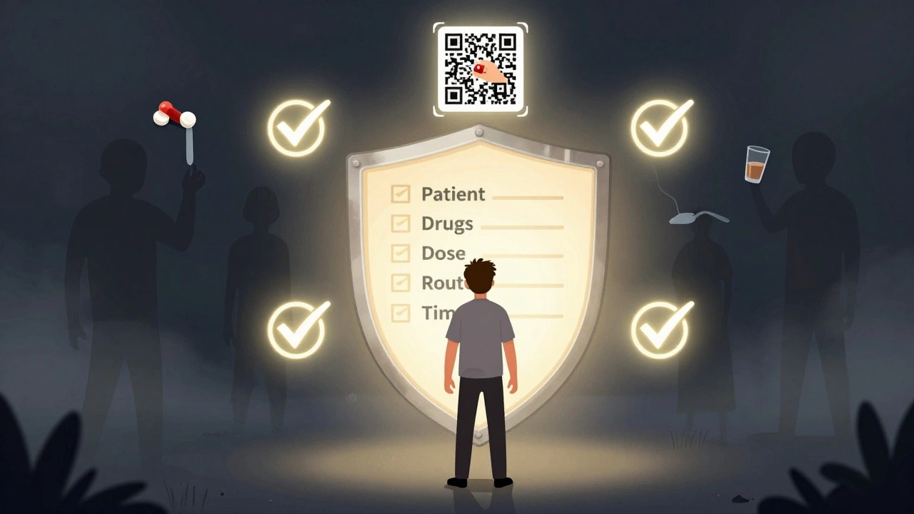 A person surrounded by the Five Rights of safe medication use, with dangerous mistakes fading behind them.