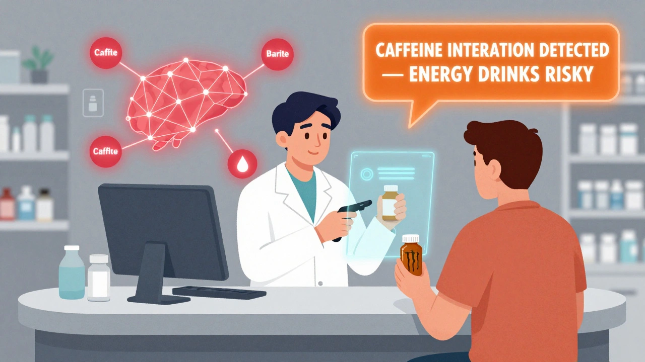 A pharmacist alerts a patient about dangerous caffeine interactions via a holographic warning system.
