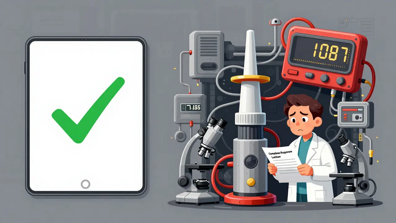 A simple tablet vs. complex nasal spray with vastly different approval times, shown side by side.