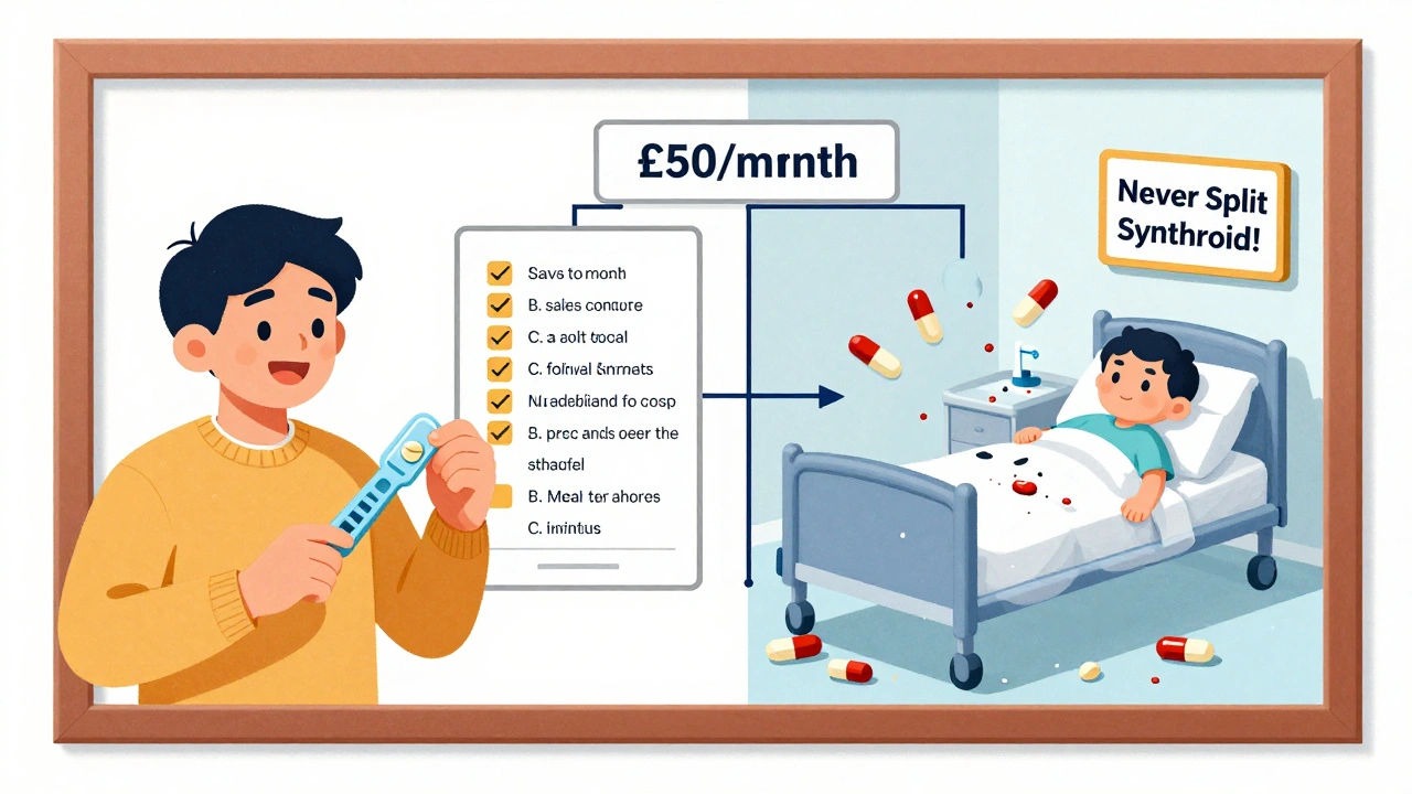 A split scene showing safe pill splitting vs dangerous splitting with hospital consequences.