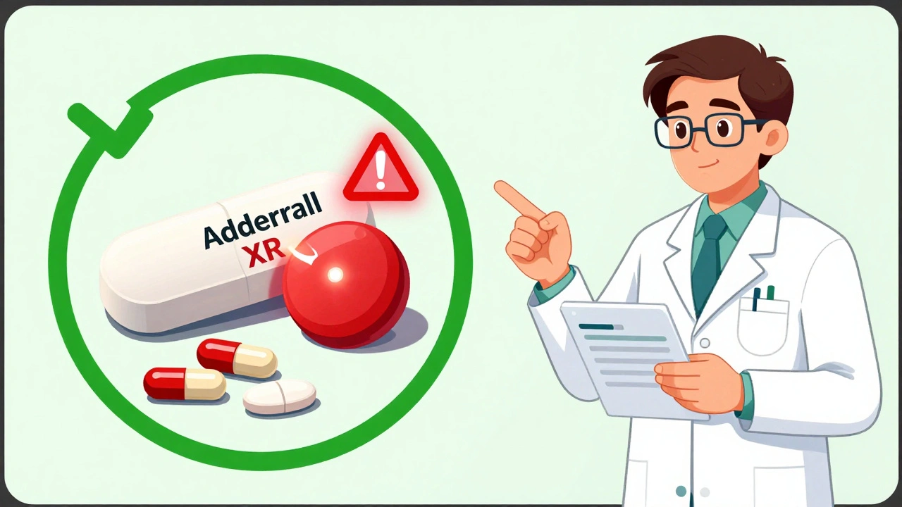 A warning symbol over a time-release pill, while safe pills are marked with checkmarks.