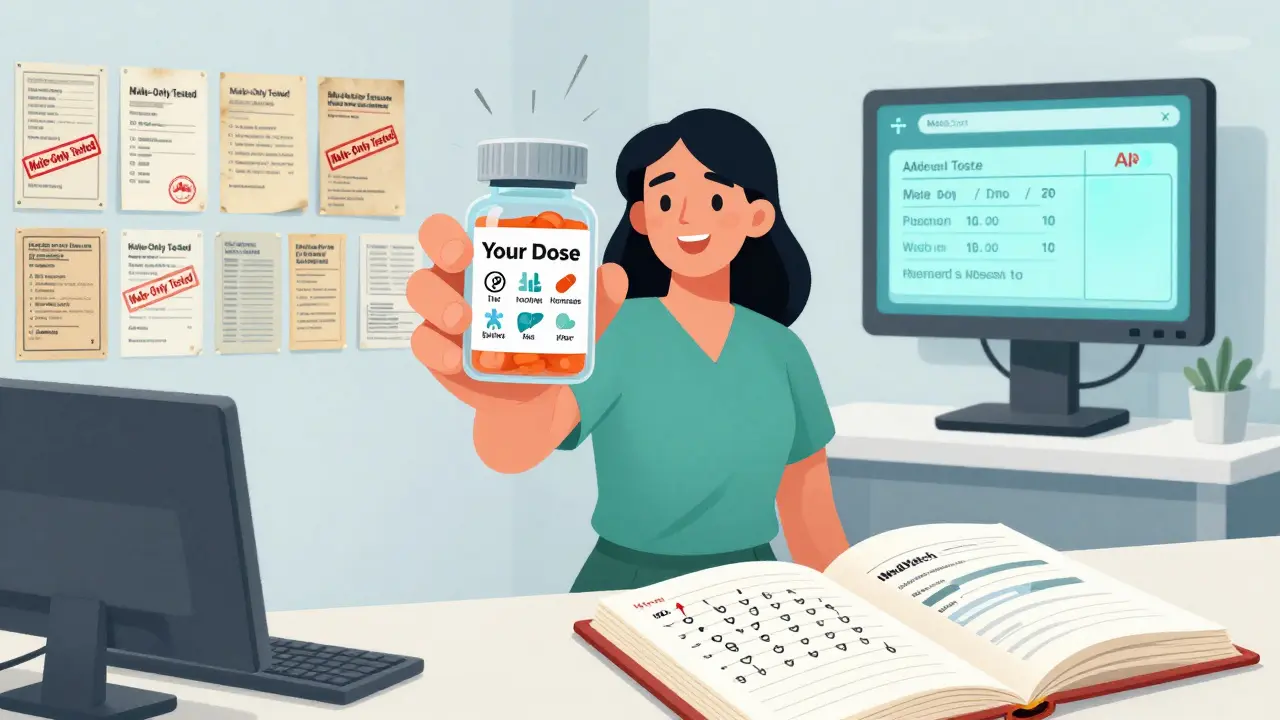 A woman holding a personalized pill bottle with icons for sex, weight, and hormones, while outdated male-only drug labels fade behind her.