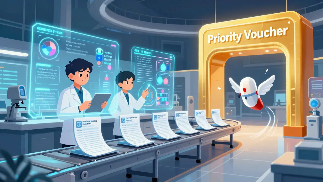 AI holograms and rolling submissions in a futuristic FDA lab, with a drug flying toward a priority gate.