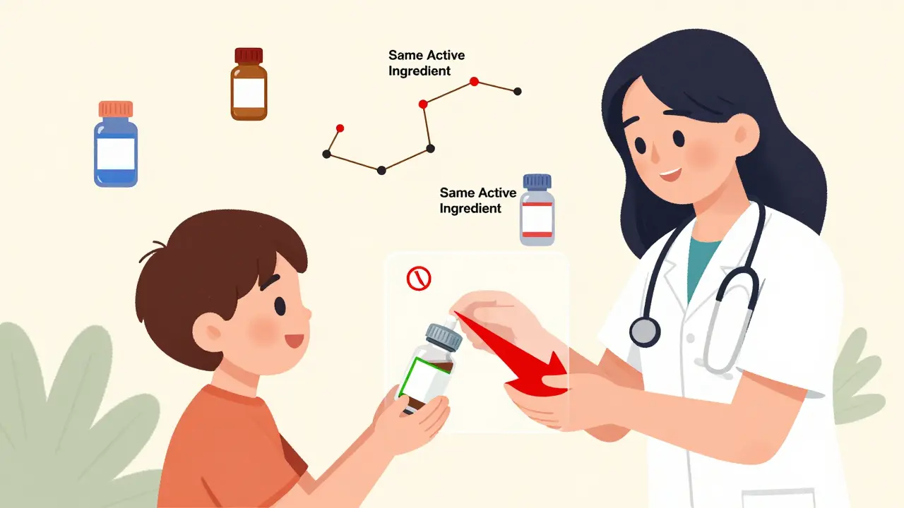Caregiver giving child medicine with dosage overlay showing safe and dangerous amounts.