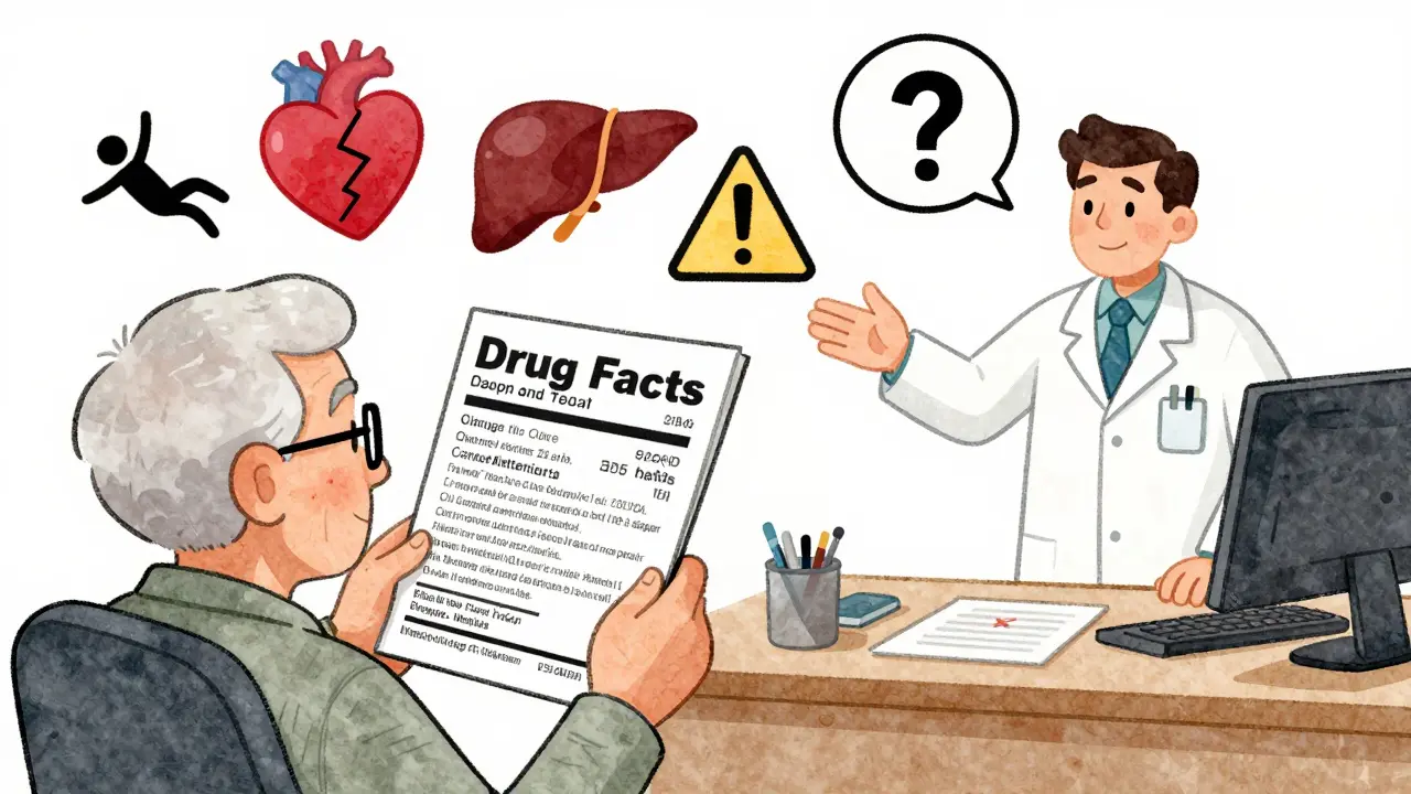 Elderly person reading small print on a medicine label, surrounded by icons of health risks.