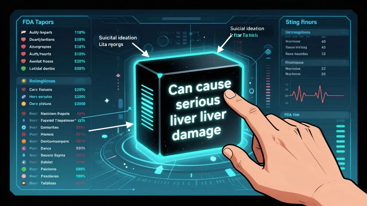 Futuristic FDA dashboard with a glowing black box and real-time patient safety data streams.