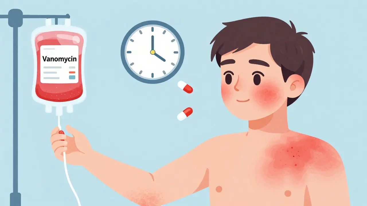 IV drip of vancomycin causing a gentle red rash on face and chest, clock shows 60 minutes, antihistamine pills nearby.