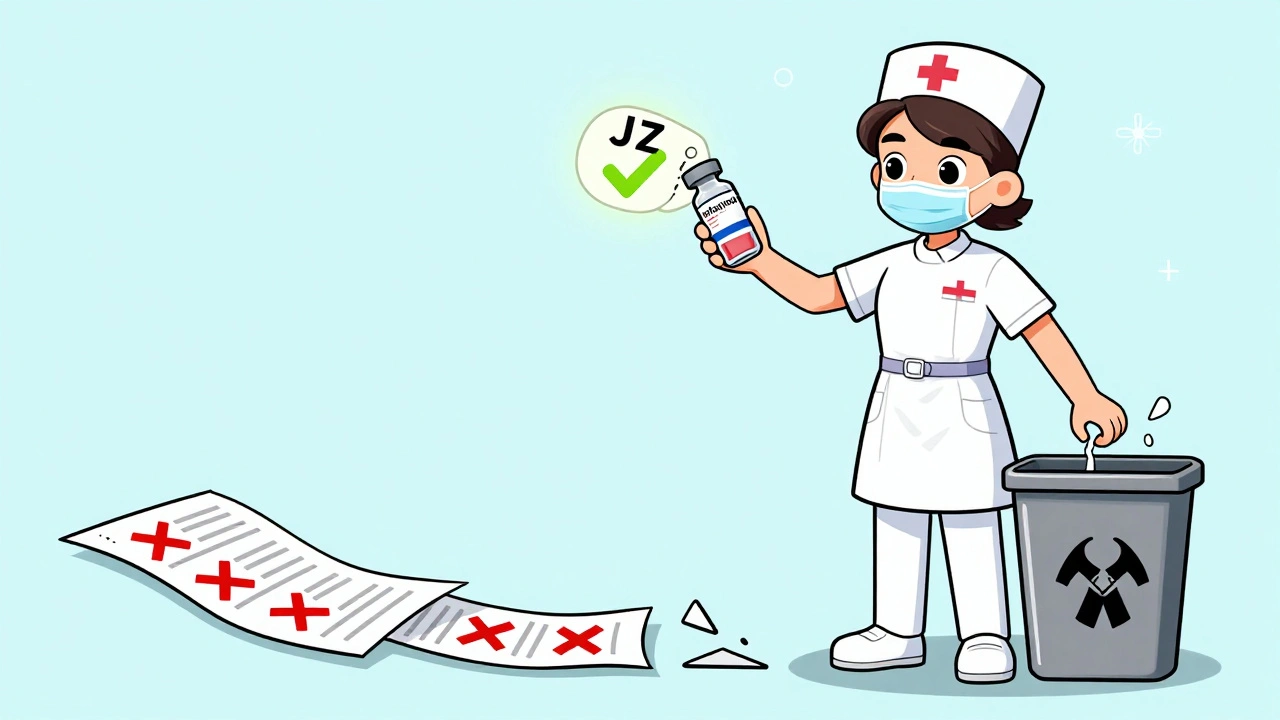 Nurse discarding unused biosimilar vial with glowing JZ modifier tag above, crumpled outdated claims at feet.