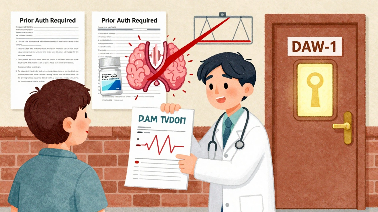 Patient presenting medical summary to doctor with visual icons of thyroid, seizures, and blood clotting issues