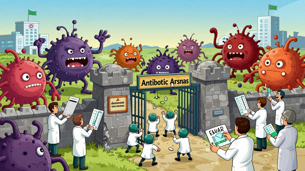 Penicillin soldiers breaking through a superbug fortress, helped by medical teams, as hospitals rise in the distance.