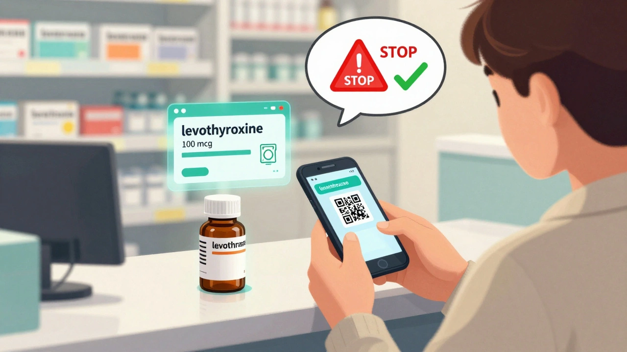 Person checking prescription label on phone against new bottle with QR code linking to digital pill identifier.