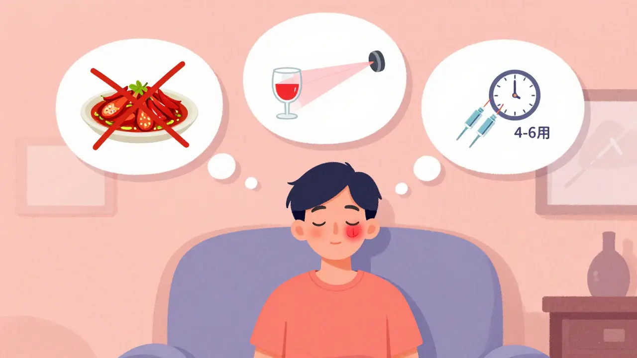 Person with mild facial flush, thought bubble showing trigger avoidance, laser treatment, and Botox options.