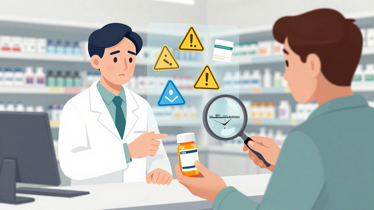 Pharmacist handing generic pill while warning symbols for inactive ingredients float around the bottle