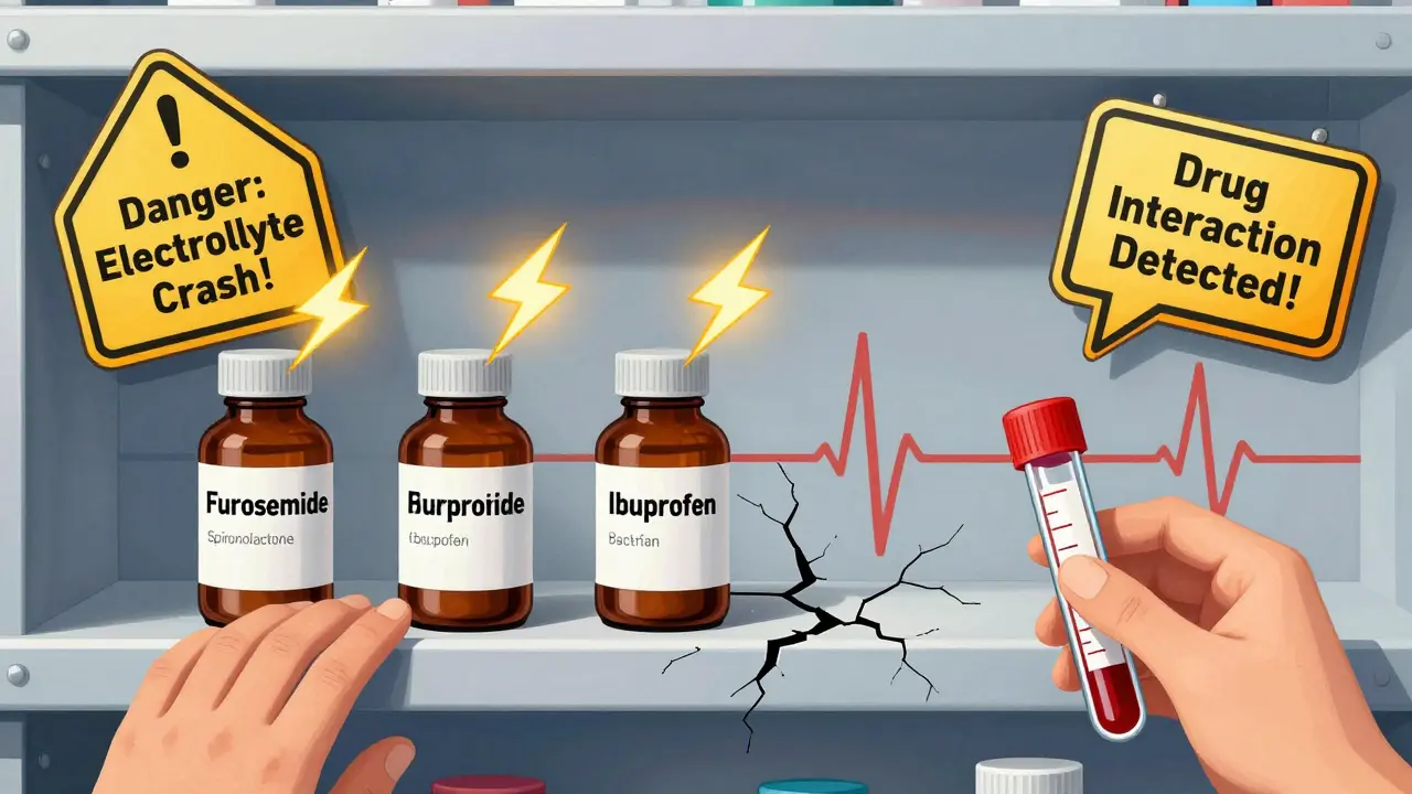Pharmacy bottles labeled with diuretics and NSAIDs sparking with warning lightning, next to a blood test with high potassium.